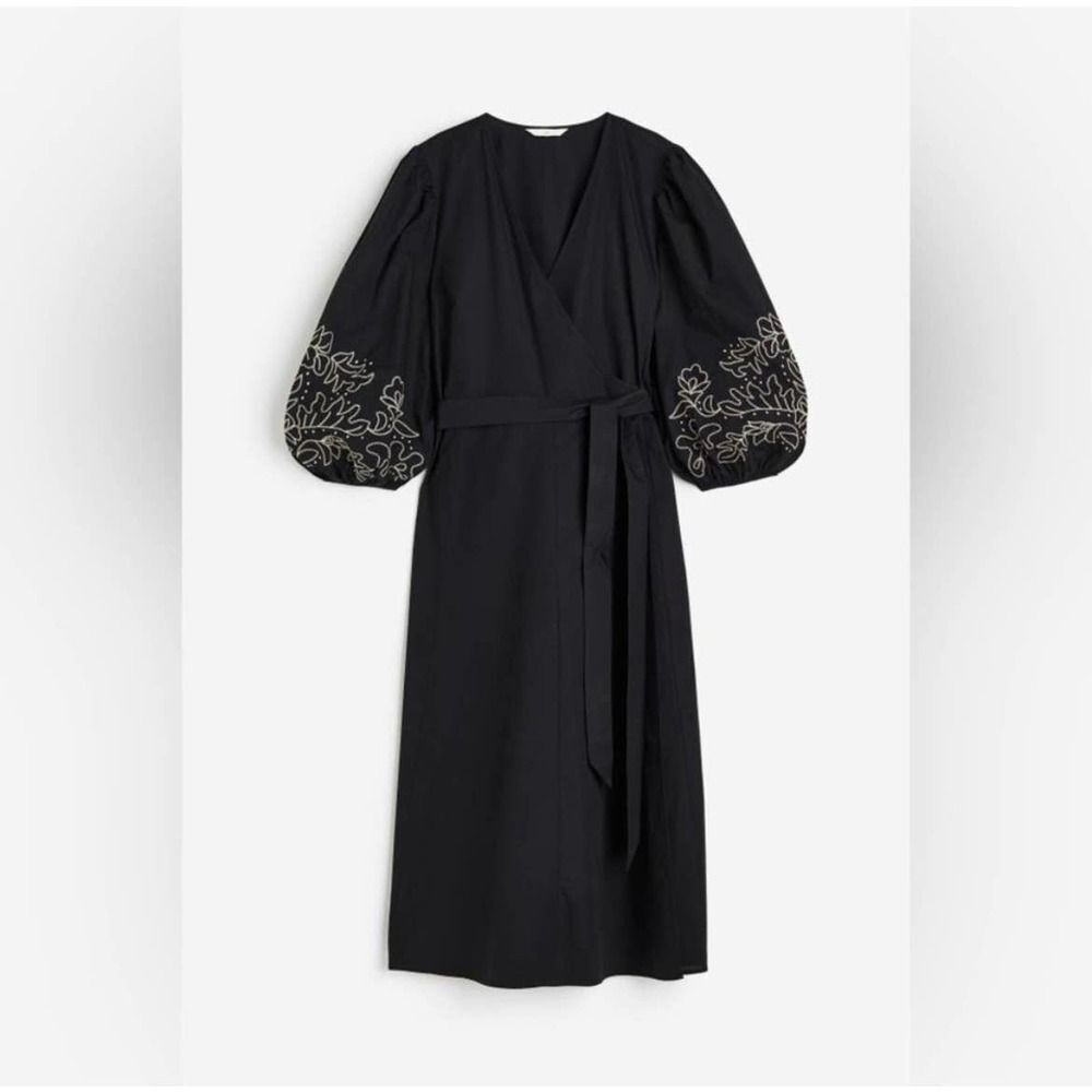 H&M Boho Dress Embroidered Balloon Bell Sleeves Wrap Black Size S Summer NWOT - Picture 9 of 10
